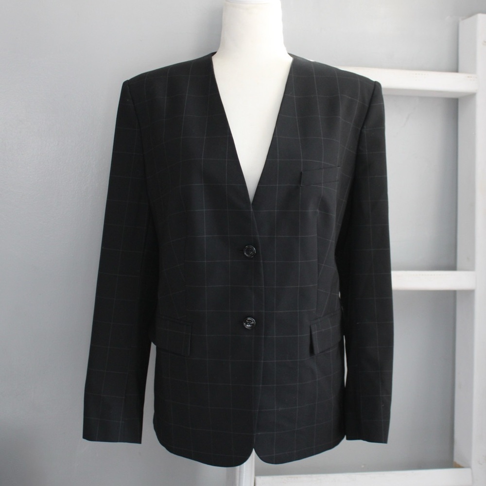 BOSS Womens Black Checkered V-Neck Collarless Wool Blend Jonalia Blazer Size 14